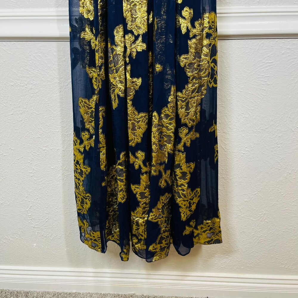Xscape Silk Navy Blue and Gold Metallic Maxi Evening Gown - Picture 7 of 12